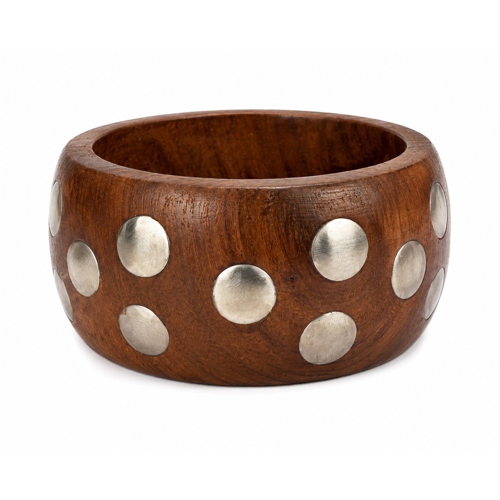 Vintage Wooden Bangle Bracelet Metal Inlay Wide Boho Natural Wood